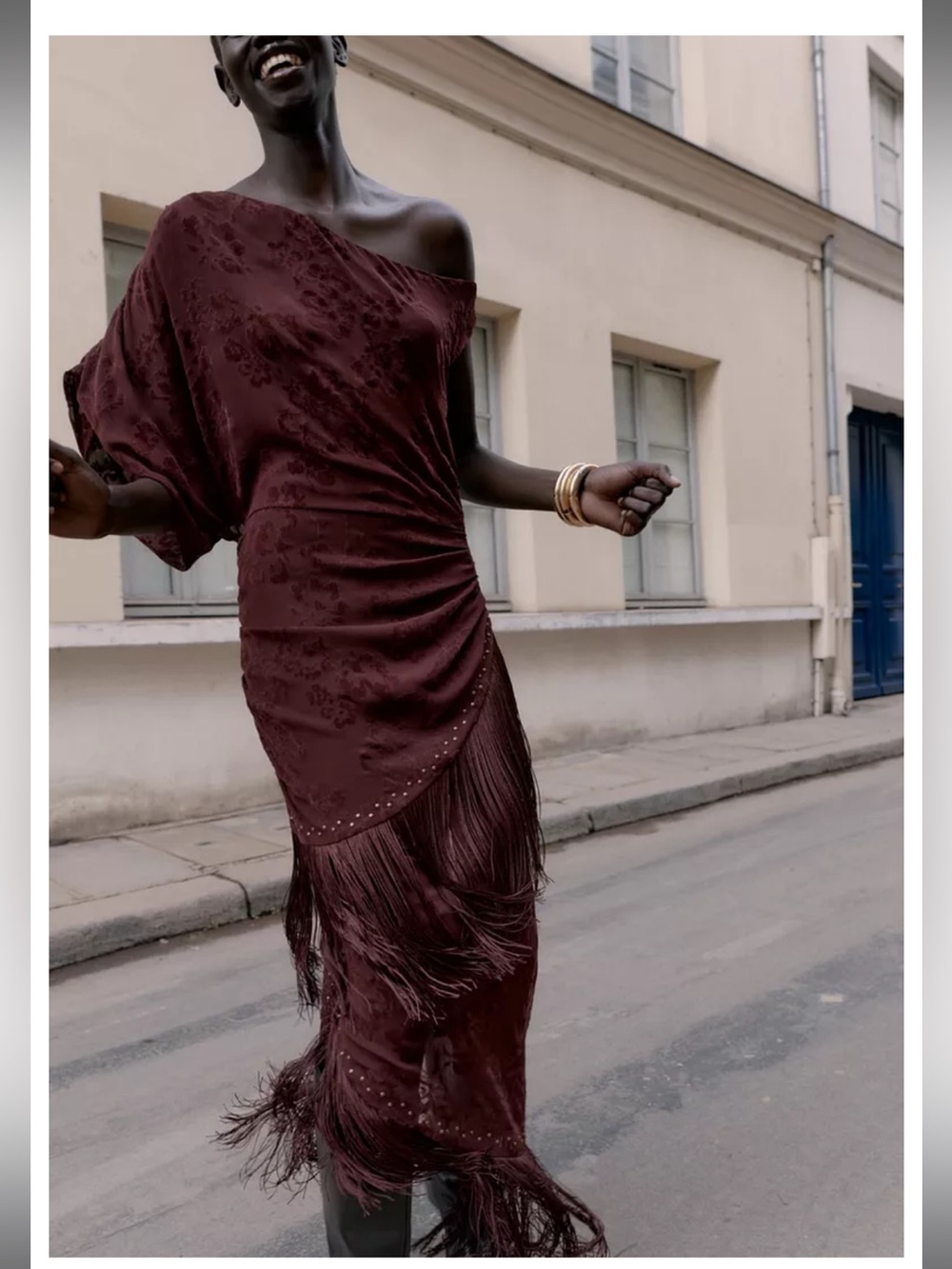 Zara ASYMMETRIC DEVOURED FRINGE MIDI DRESS burgundy